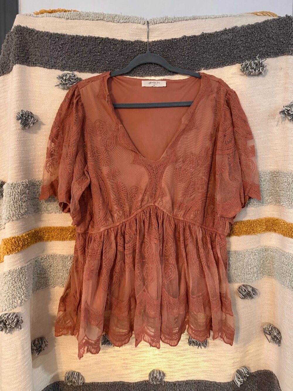 A Beautiful Soul Terracotta Lace Mesh Peplum Babydoll Blouse Top - Size A